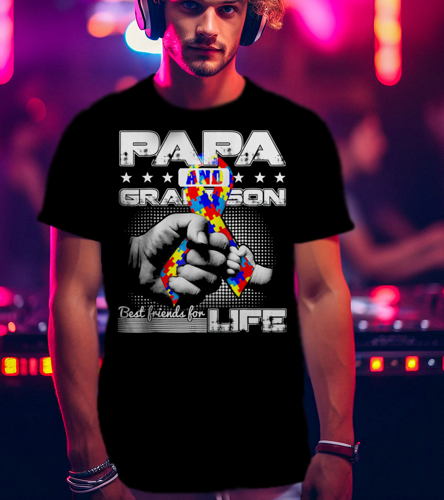 Papa And Grandson Best Friends For Life Puzzle Ribbon Hands T-Shirt