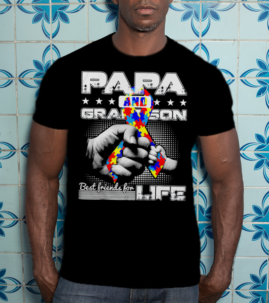 Papa And Grandson Best Friends For Life Puzzle Ribbon Hands T-Shirt