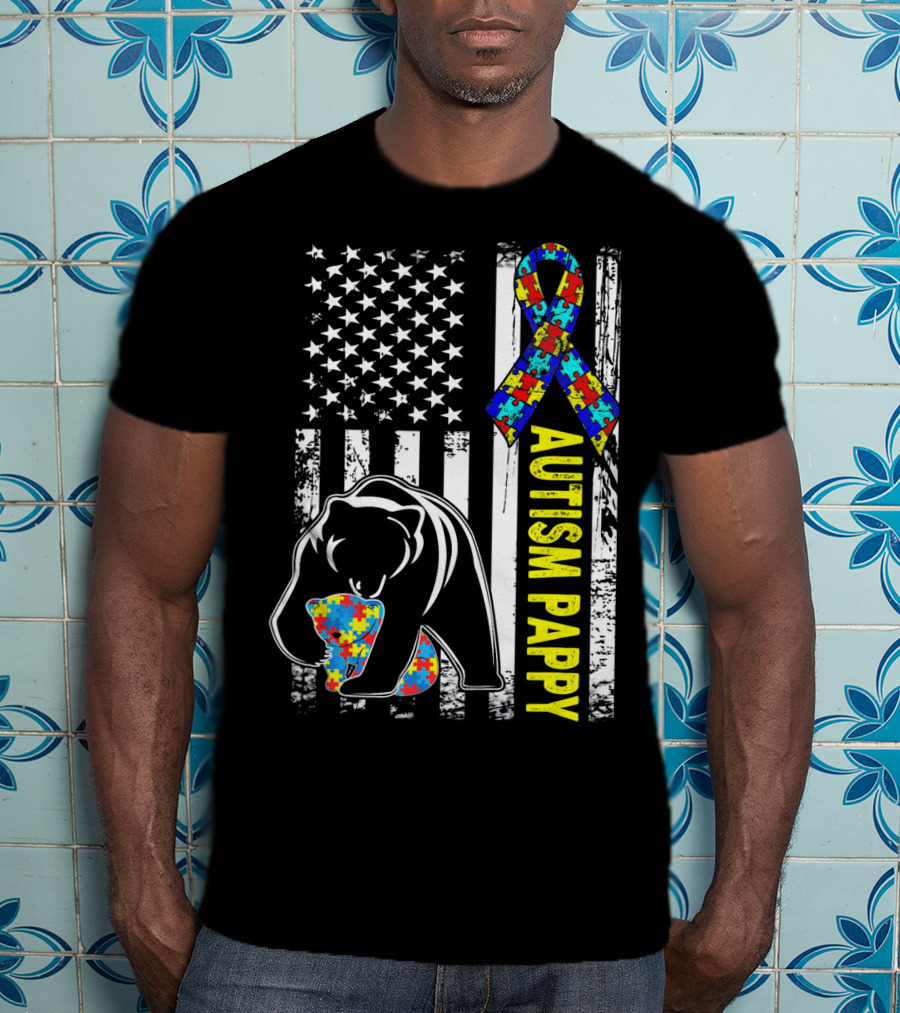 Autism Pappy American Flag Bear Ribbon Puzzle Awareness T-Shirt