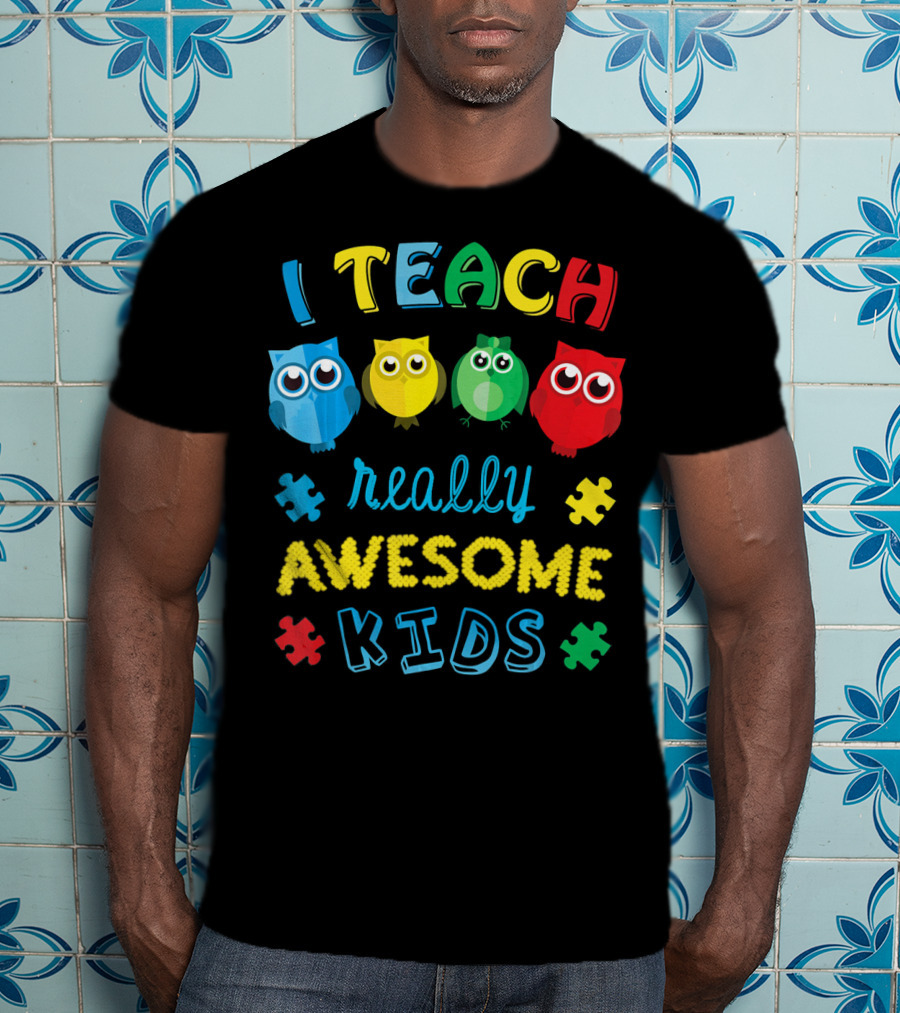 I Teach Really Awesome Kids Autism Teacher Awareness Cute Owl T-Shirt