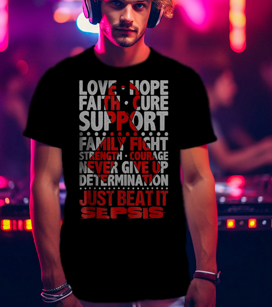 Love Hope Faith Cure Support Family Fight Strength Courage Never Give Up Determination Just Beat It Sepsis Warrior Ribbon Awareness T-Shirt