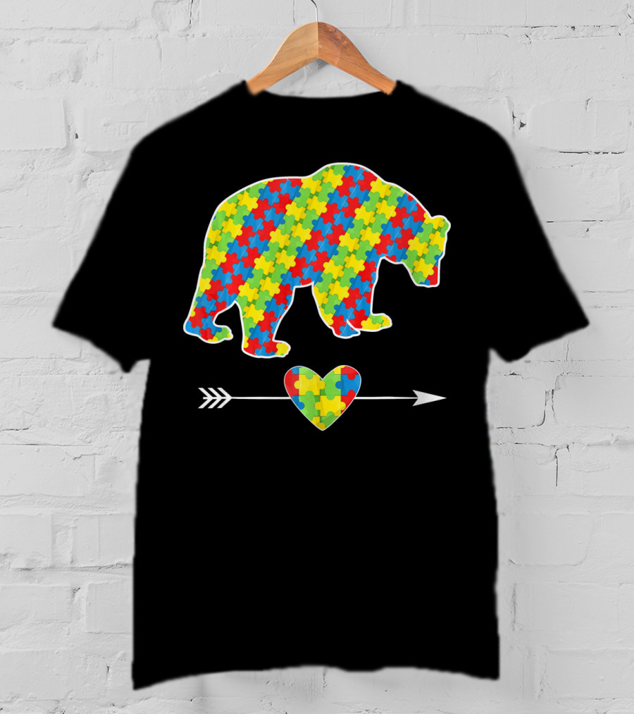 Bear With Puzzle Pieces And Arrow Heart Autism Awareness T-Shirt