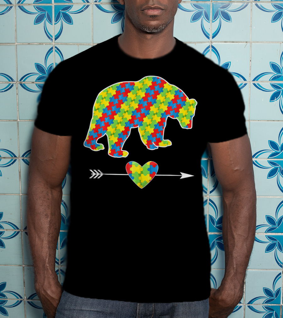 Bear With Puzzle Pieces And Arrow Heart Autism Awareness T-Shirt