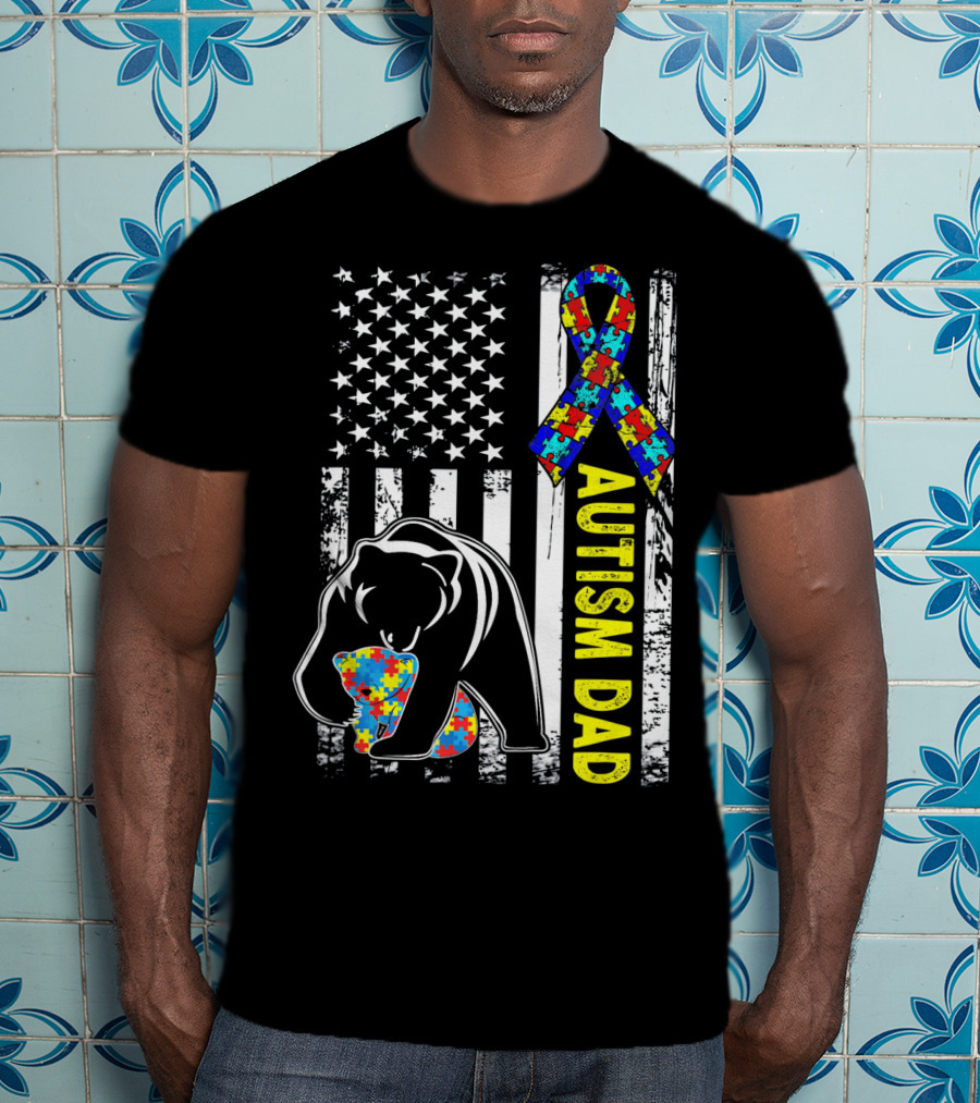 Autism Dad Awareness Bear American Flag Puzzle T-Shirt