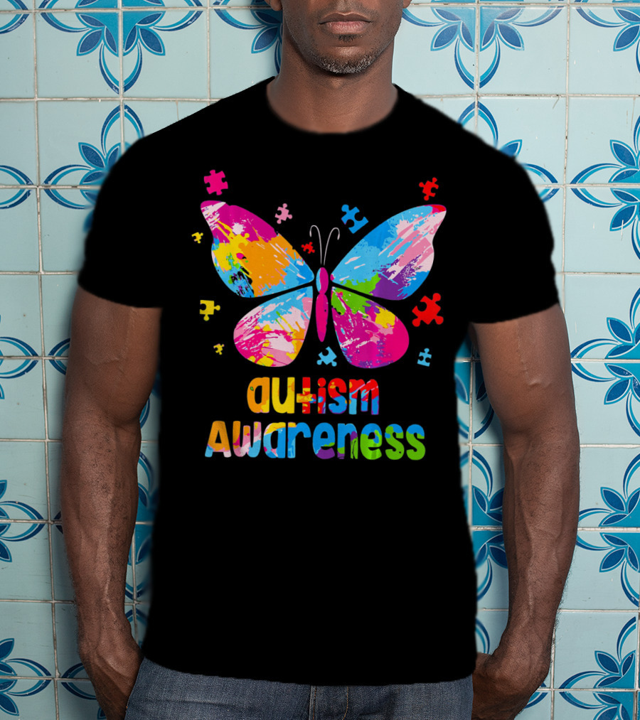 Colorful Butterfly Autism Awareness Puzz Puzzle Pieces T-Shirt