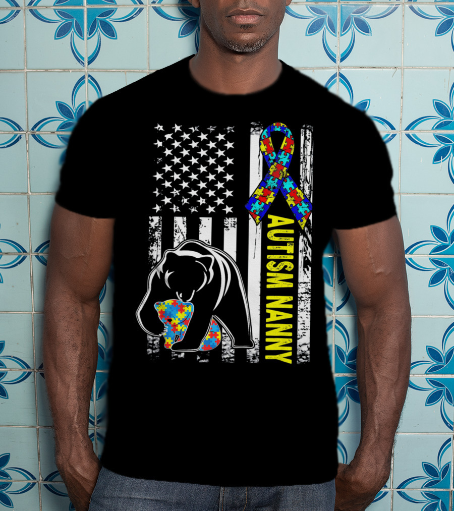 Autism Nanny Puzzle Ribbon Bear American Flag Awareness T-Shirt