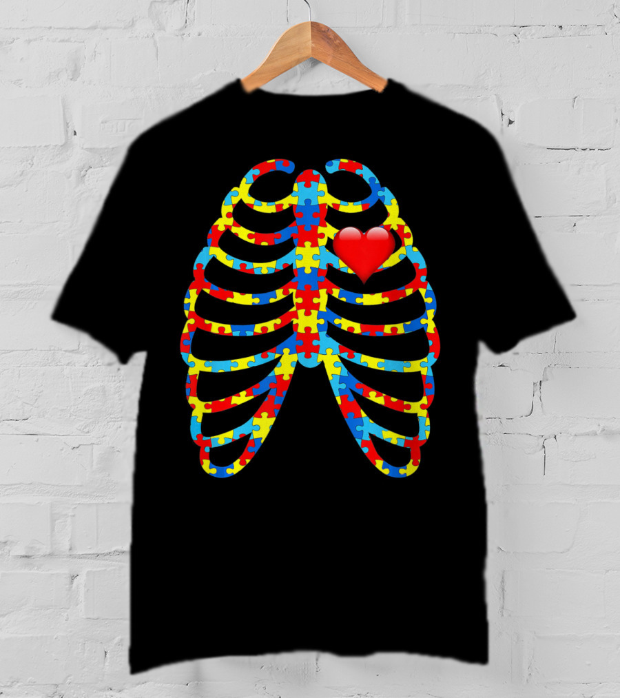 Colorful Puzzle Skeleton Rib Cage Autism Awareness Heart T-Shirt