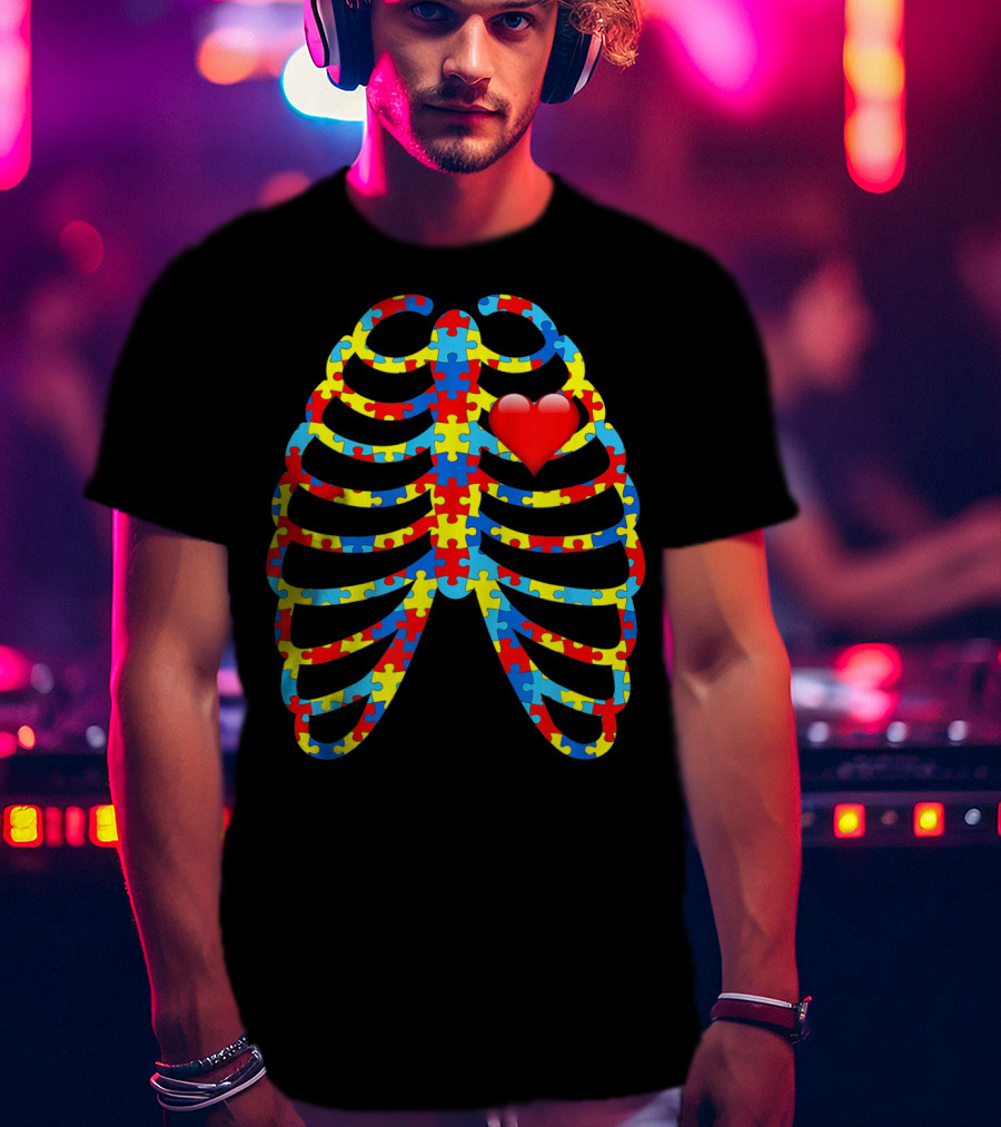 Colorful Puzzle Skeleton Rib Cage Autism Awareness Heart T-Shirt