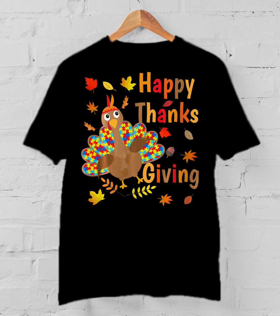 Happy Thanksgiving Turkey Autism Awareness Puzzle Piece Leaves T-Shirt