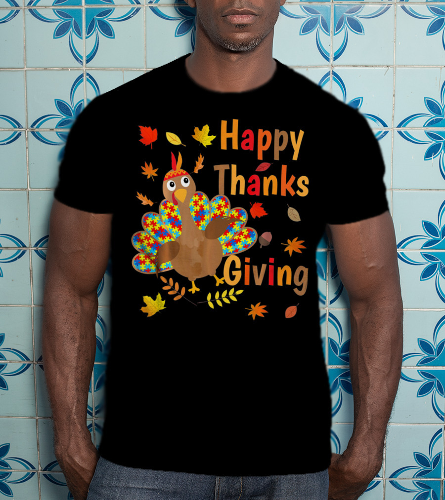 Happy Thanksgiving Turkey Autism Awareness Puzzle Piece Leaves T-Shirt