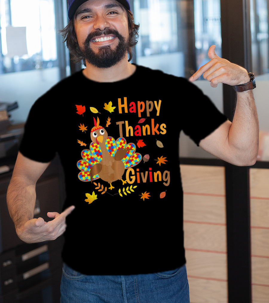 Happy Thanksgiving Turkey Autism Awareness Puzzle Piece Leaves T-Shirt
