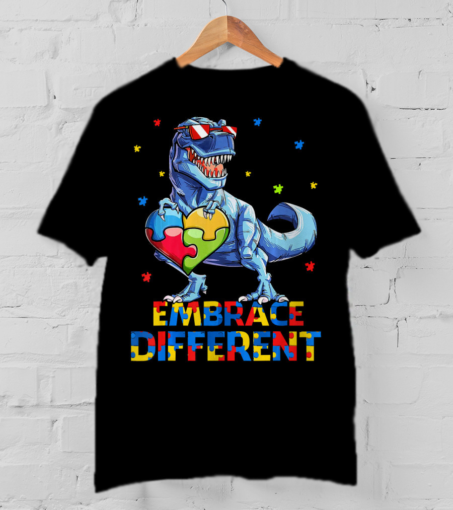 T Rex Embrace Different Autism Awareness Puzzle Heart T-Shirt