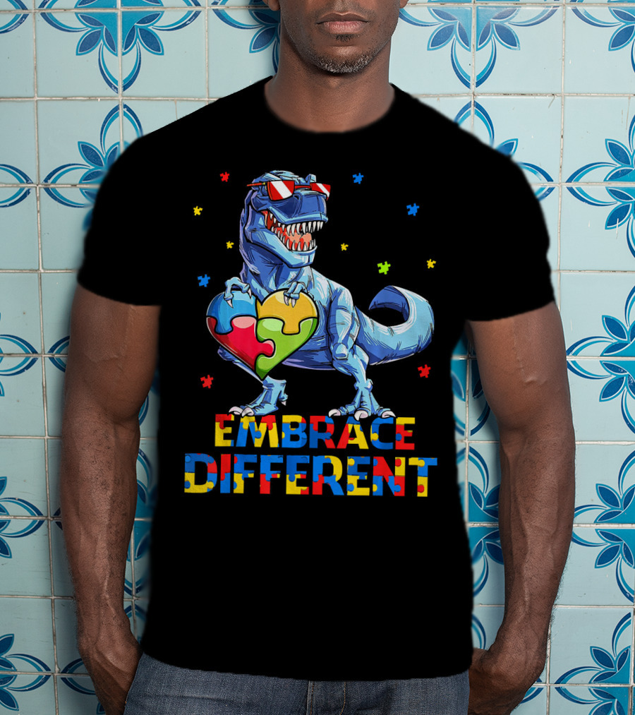 T Rex Embrace Different Autism Awareness Puzzle Heart T-Shirt