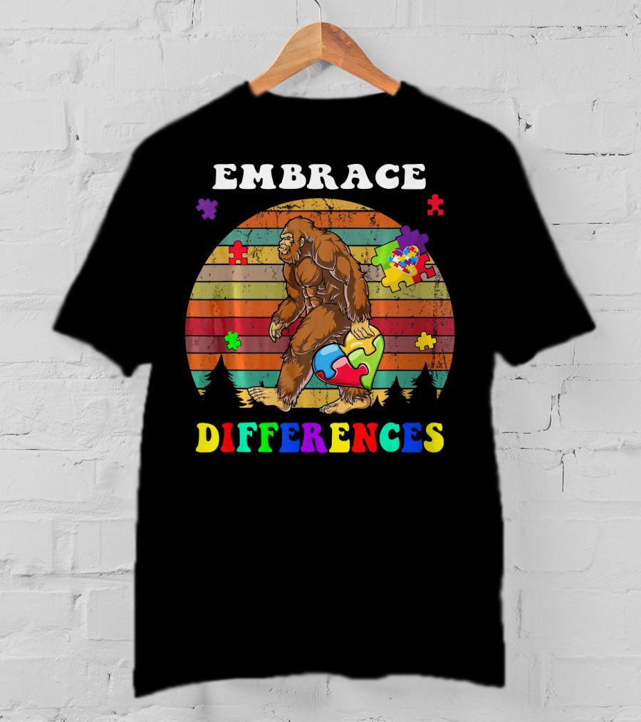 Embrace Differences Autism Awareness Bigfoot With Puzzle Pieces T-Shirt