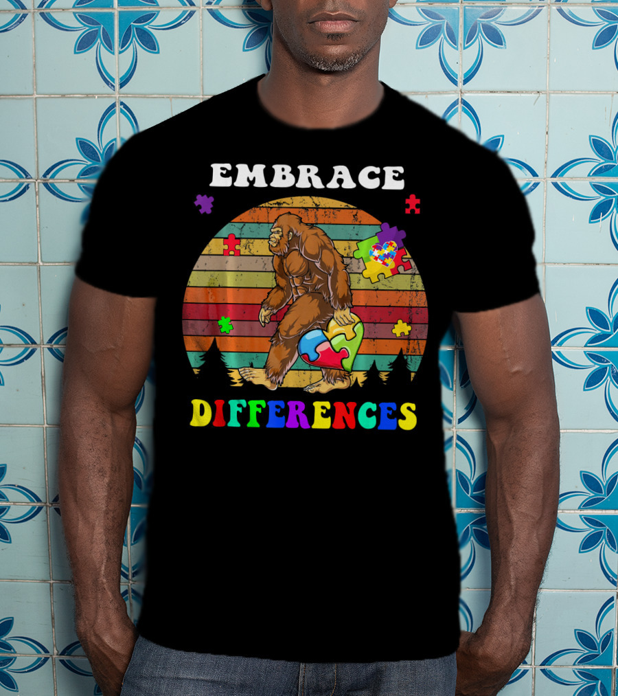Embrace Differences Autism Awareness Bigfoot With Puzzle Pieces T-Shirt