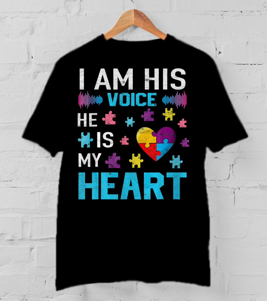 I Am His Voice He Is My Heart Puzzle Heart Autism Awareness T-Shirt