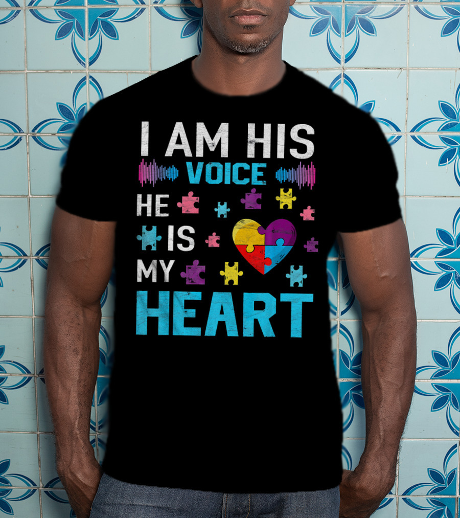 I Am His Voice He Is My Heart Puzzle Heart Autism Awareness T-Shirt