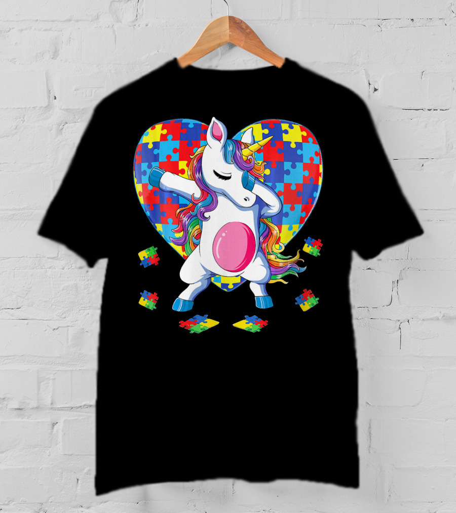 Dabbing Unicorn With Autism Awareness Puzzle Heart T-Shirt