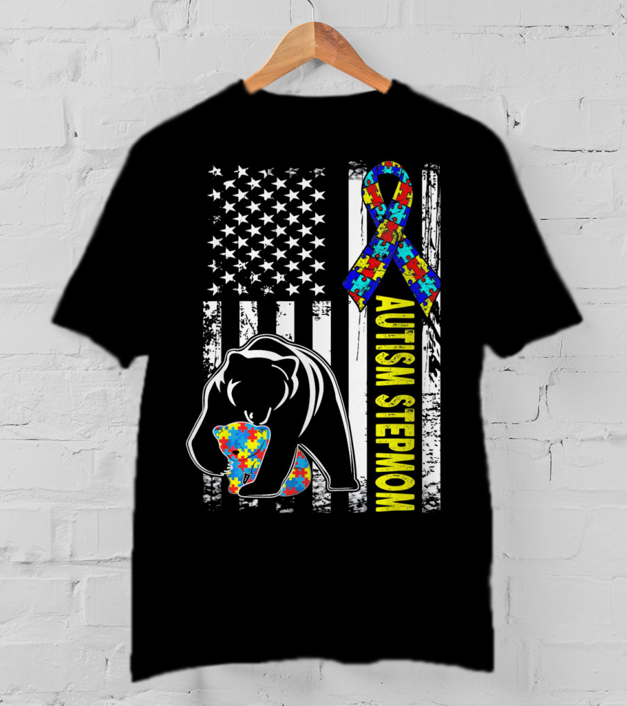 Autism Stepmom Bear American Flag Puzzle T-Shirt