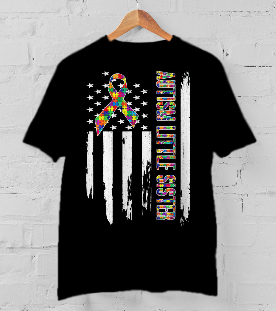 Autism Little Sister Puzzle Ribbon American Flag T-Shirt