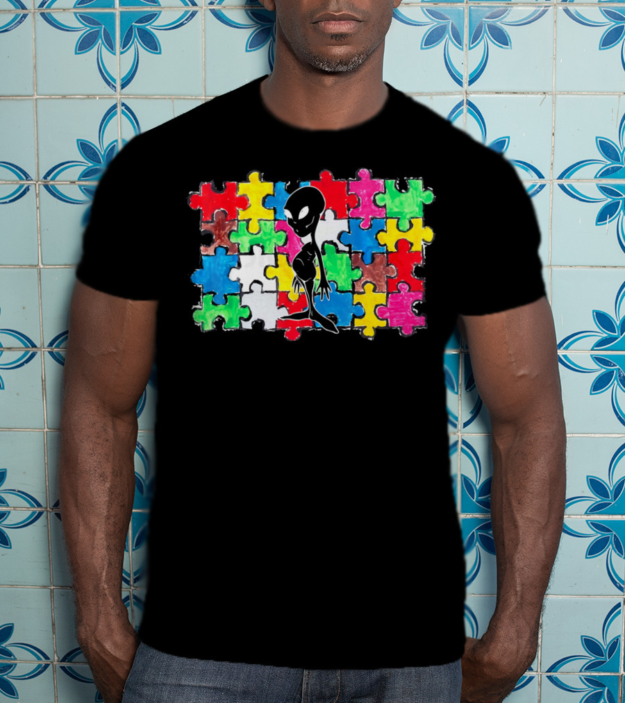 Alien UFO Autism Awareness Puzzle Piece T-Shirt