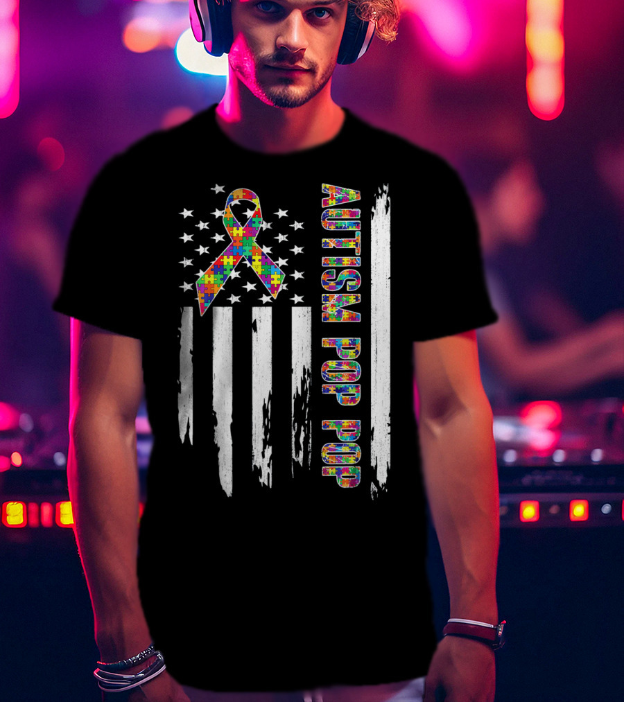 Autism Pop Pop American Flag Puzzle T-Shirt