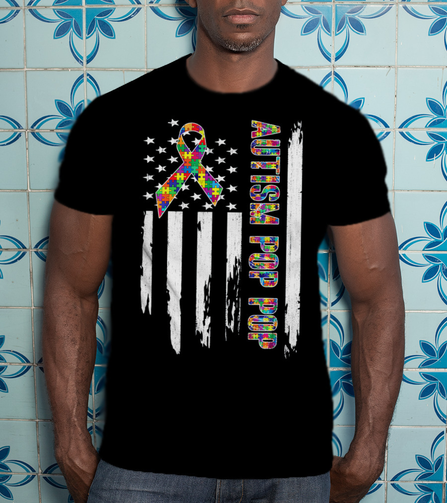 Autism Pop Pop American Flag Puzzle T-Shirt