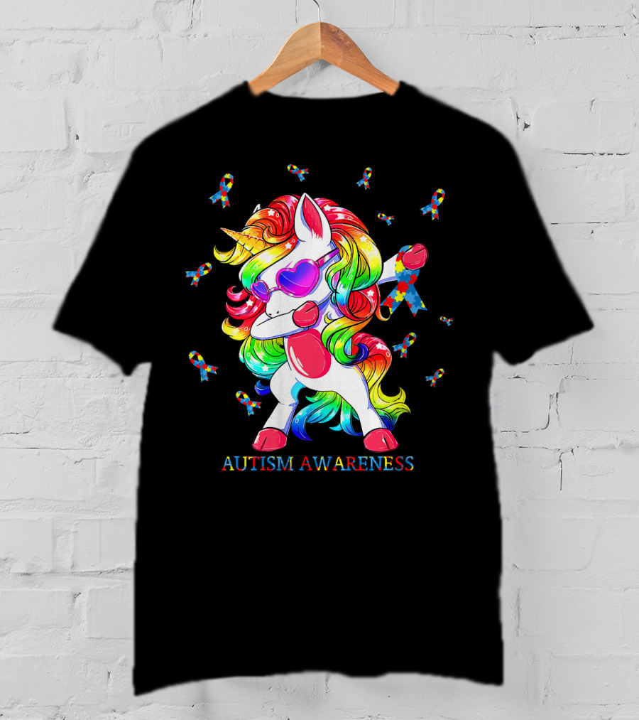 Autism Awareness Dabbing Unicorn Puzzle Ribbon T-Shirt