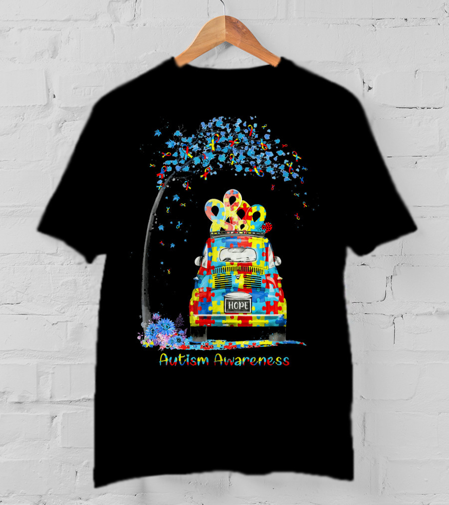 HOPE Hippie Van Puzzle Pieces Ribbon Autism Awareness T-Shirt