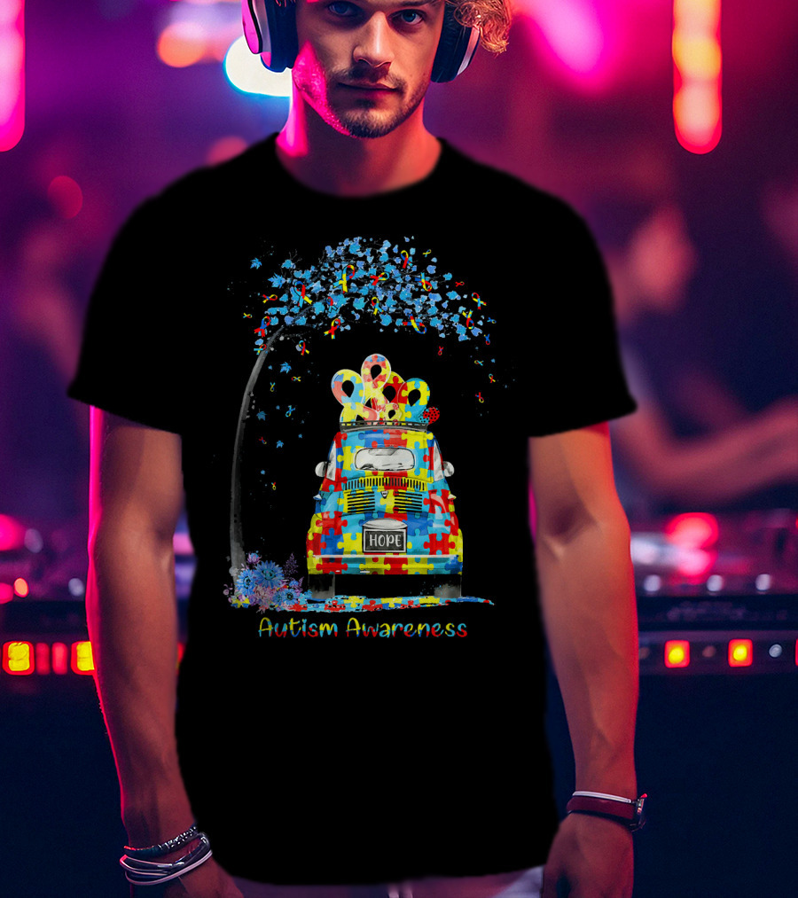 HOPE Hippie Van Puzzle Pieces Ribbon Autism Awareness T-Shirt