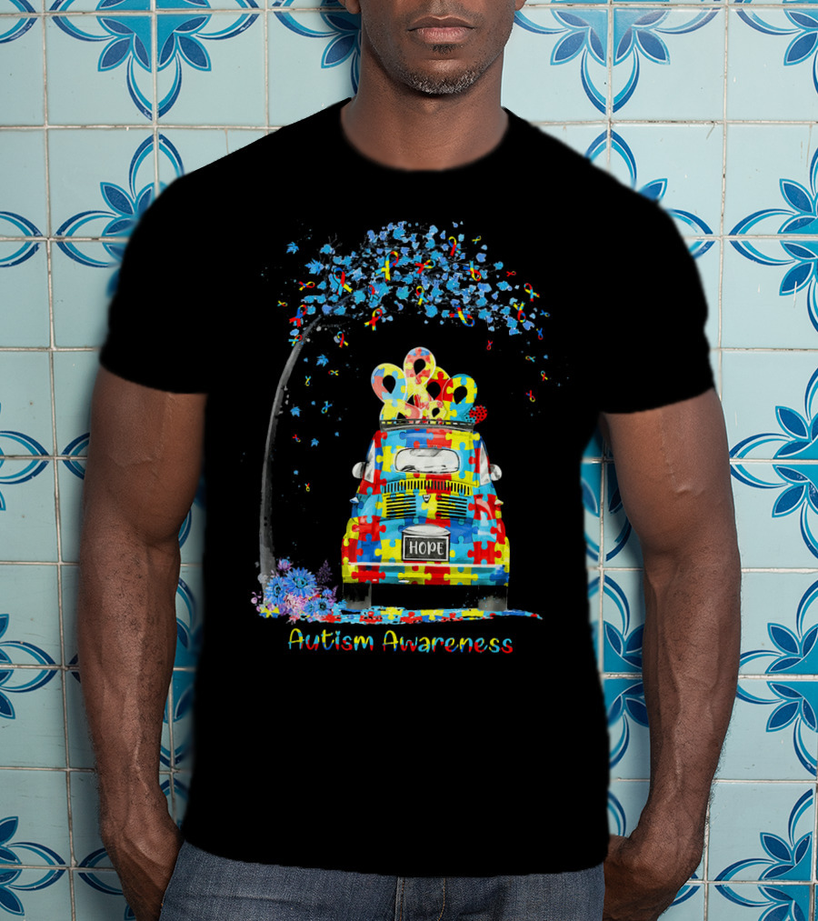HOPE Hippie Van Puzzle Pieces Ribbon Autism Awareness T-Shirt