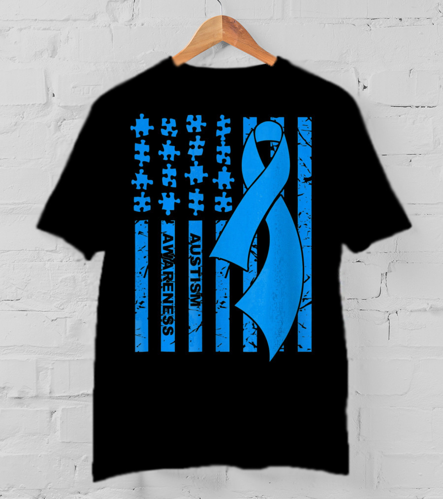 Autism Awareness Flag With Puzzle Pieces And Blue T-Shirt