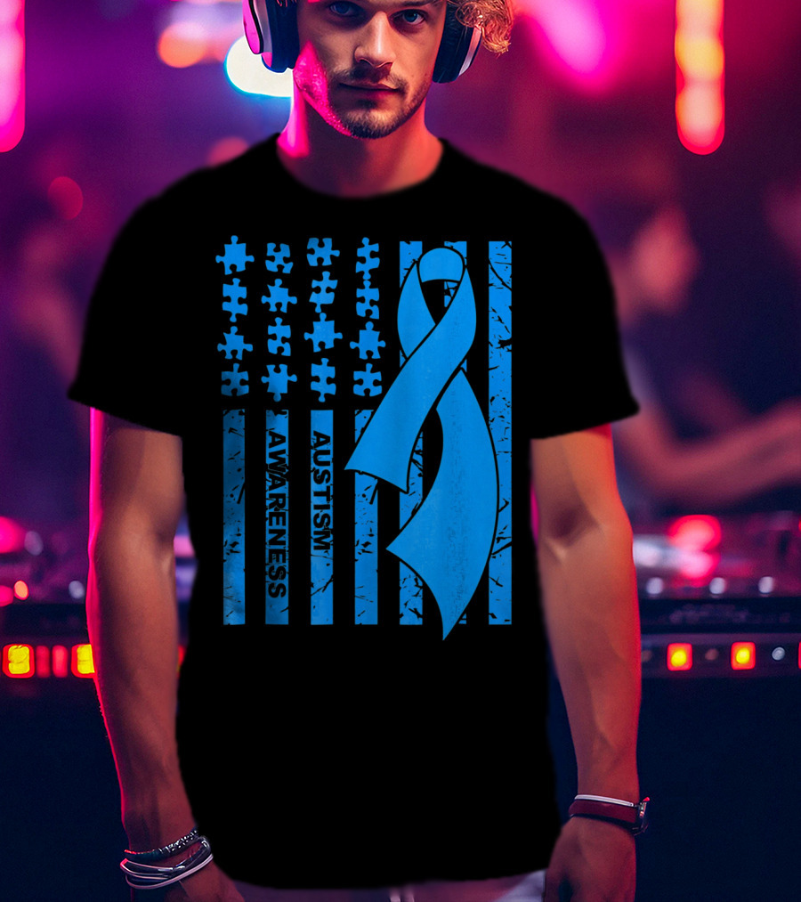 Autism Awareness Flag With Puzzle Pieces And Blue T-Shirt