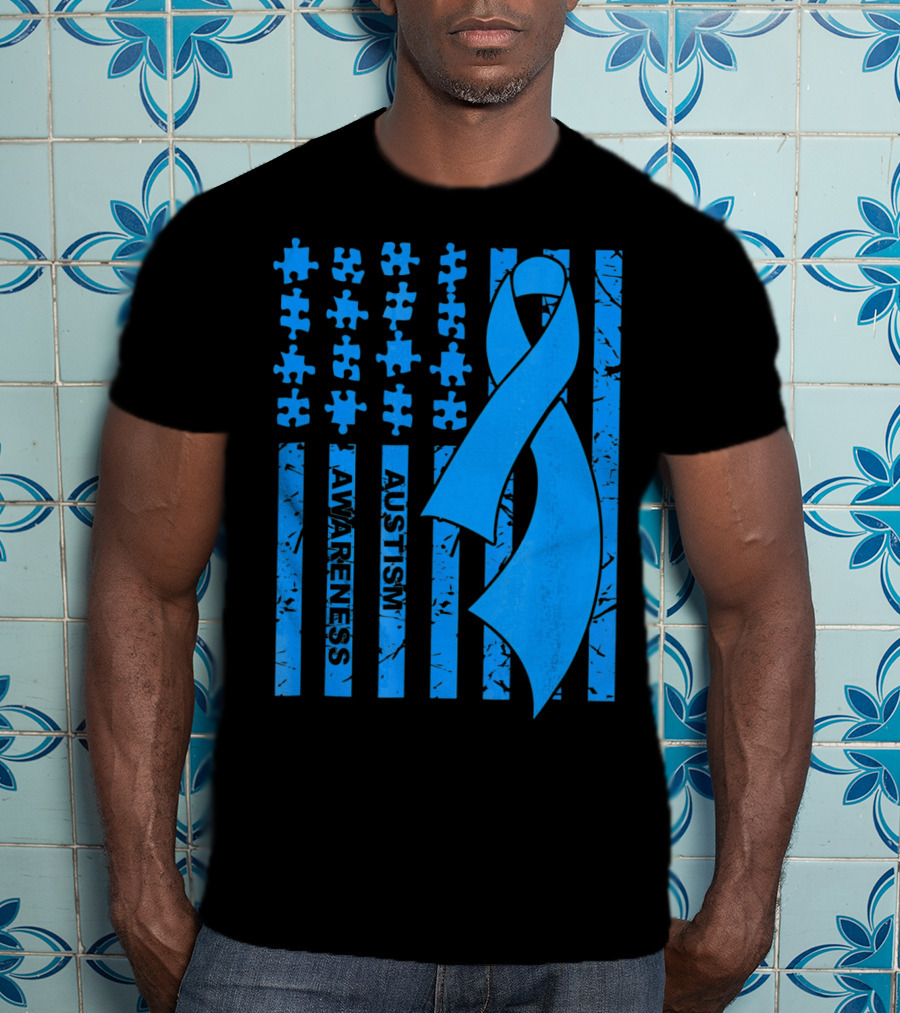 Autism Awareness Flag With Puzzle Pieces And Blue T-Shirt