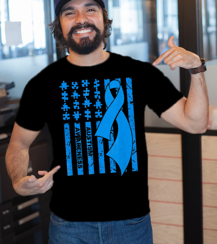 Autism Awareness Flag With Puzzle Pieces And Blue T-Shirt