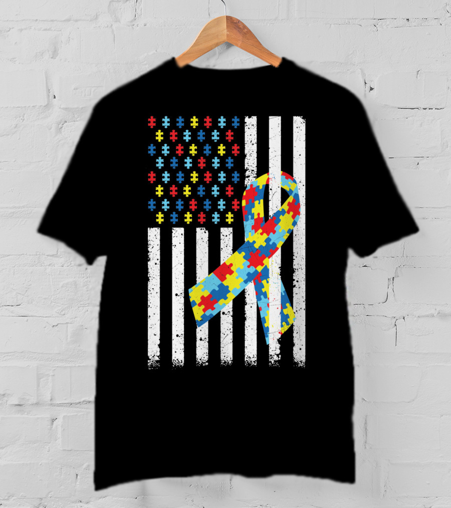 American Flag Puzzle Ribbon Autism Awareness T-Shirt
