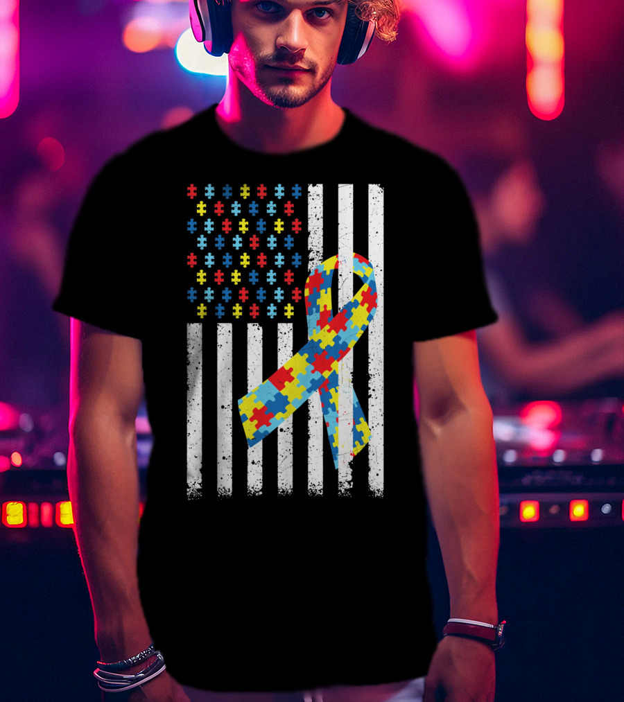 American Flag Puzzle Ribbon Autism Awareness T-Shirt