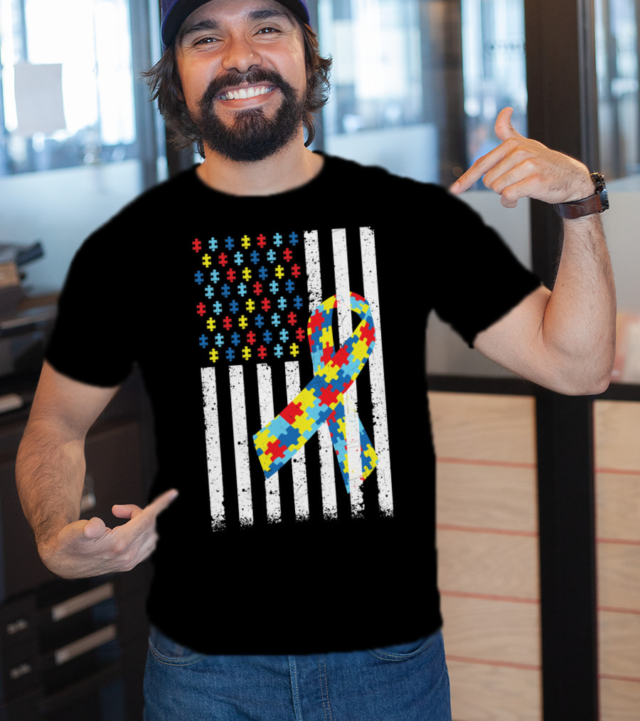 American Flag Puzzle Ribbon Autism Awareness T-Shirt