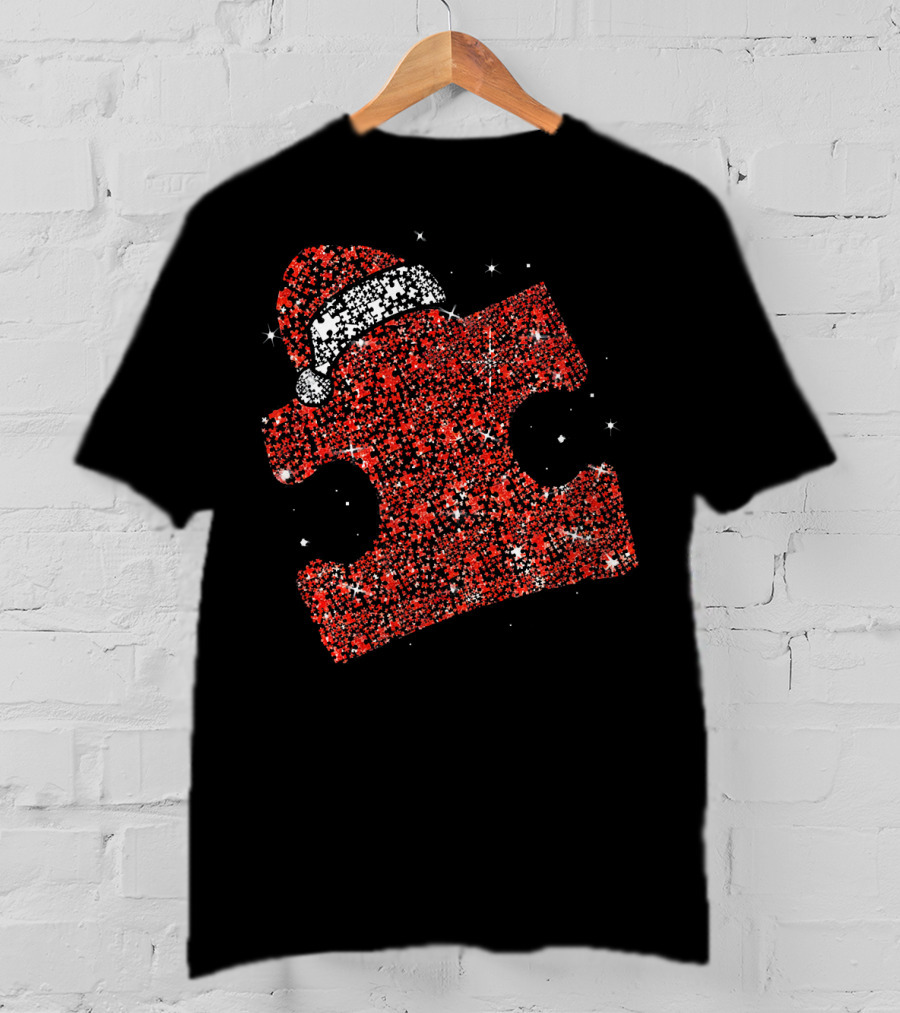 Autism Awareness Xmas Christmas Puzzle Piece With Santa Hat T-Shirt