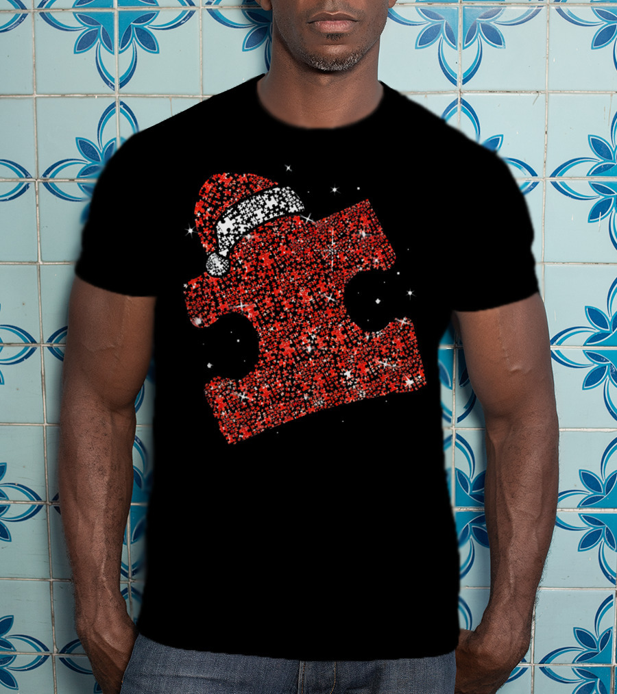 Autism Awareness Xmas Christmas Puzzle Piece With Santa Hat T-Shirt