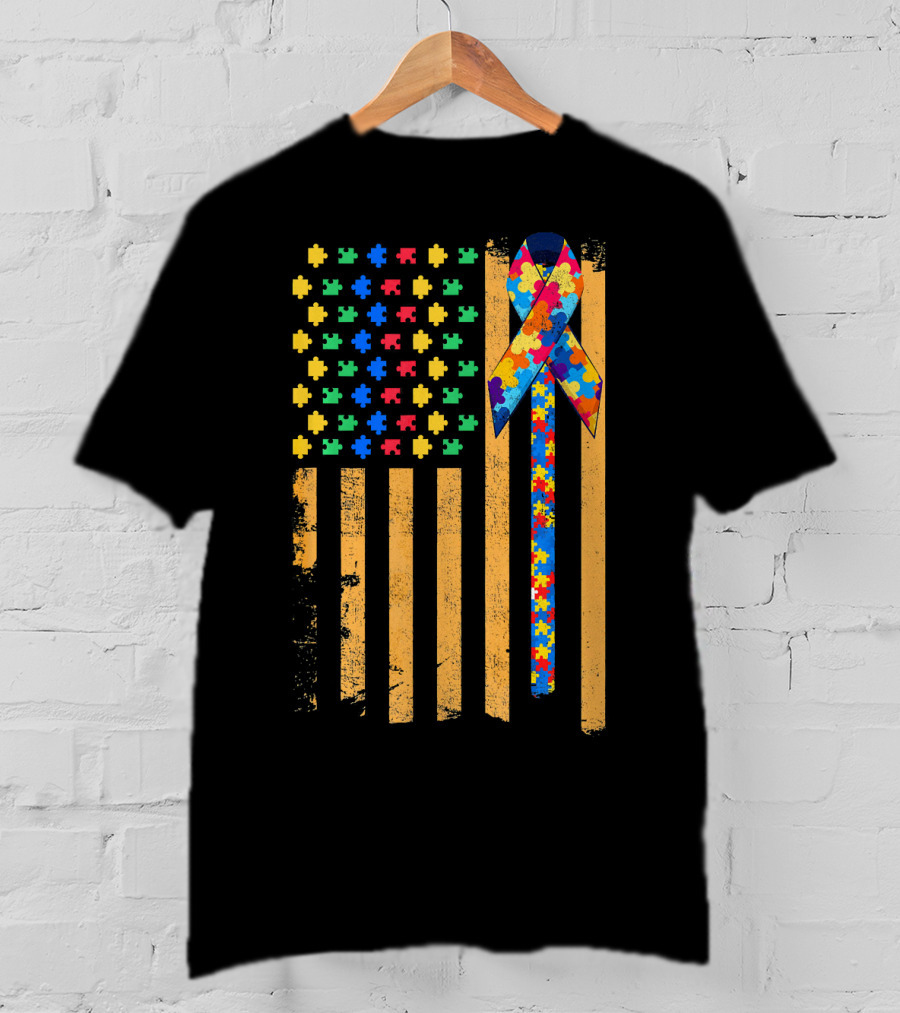 Autism Awareness Day American Flag Puzzle Ribbon T-Shirt