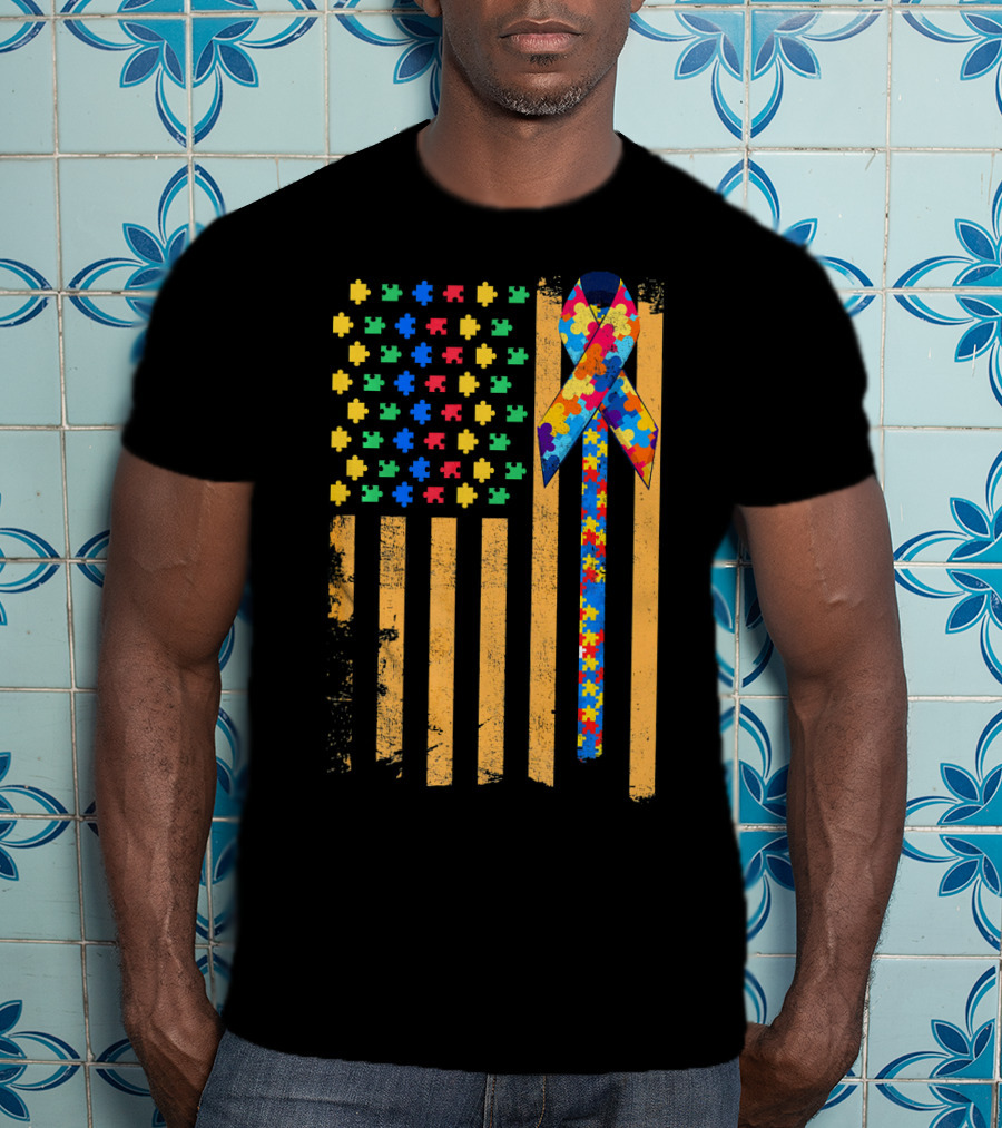 Autism Awareness Day American Flag Puzzle Ribbon T-Shirt