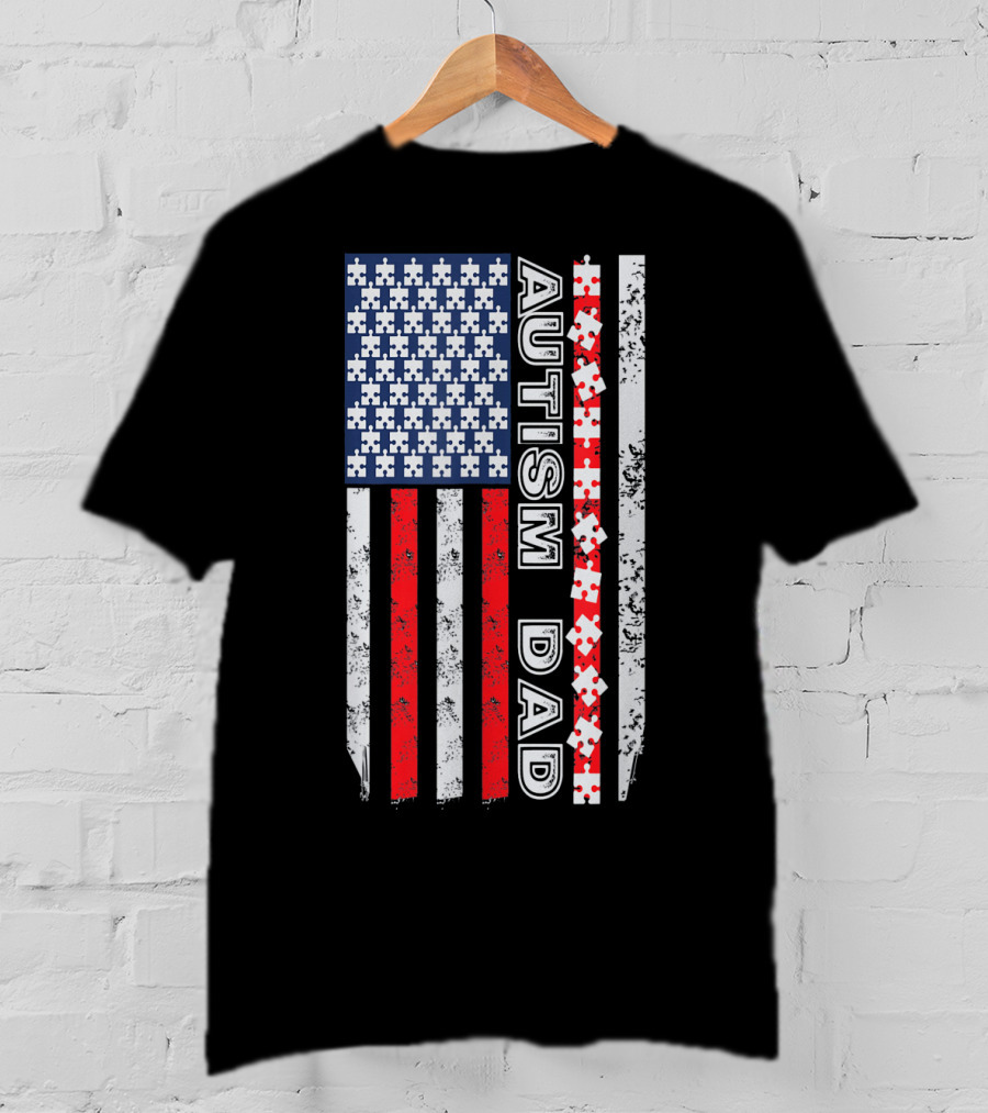 Mens Autism Dad American Flag Puzzle Piece Awareness T-Shirt