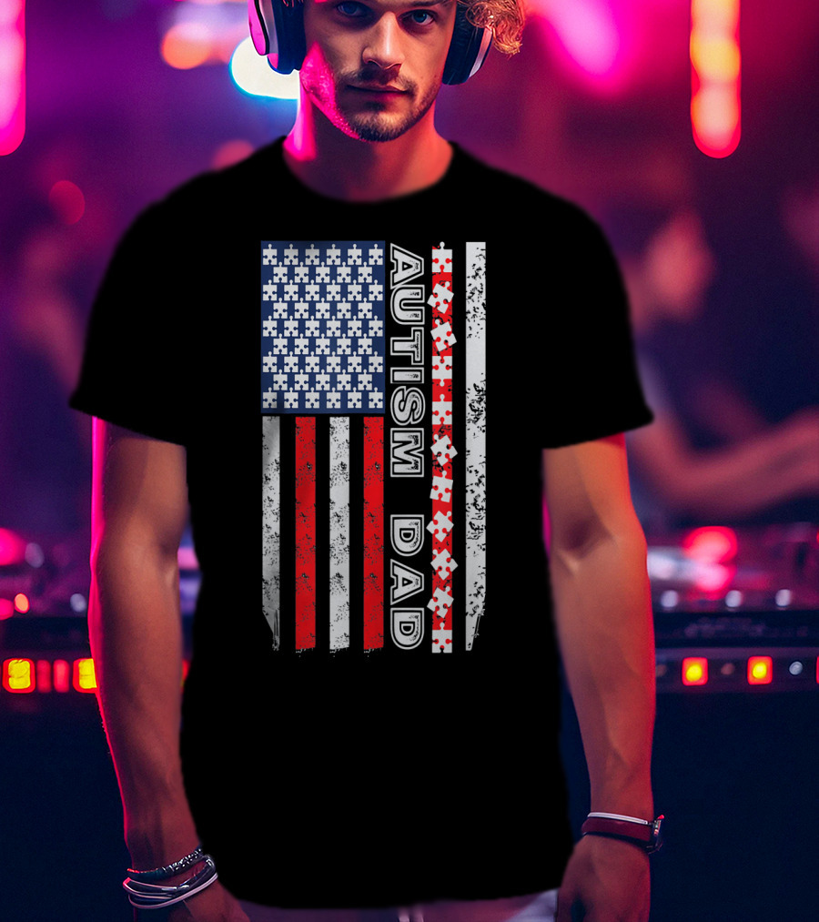 Mens Autism Dad American Flag Puzzle Piece Awareness T-Shirt
