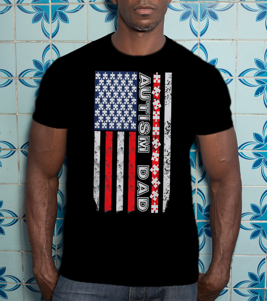 Mens Autism Dad American Flag Puzzle Piece Awareness T-Shirt