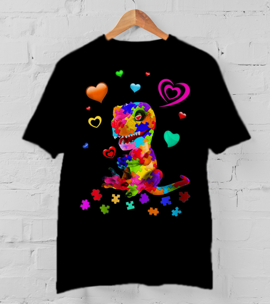 Autism Awareness Dinosaur Puzzle Pieces And Colorful Hearts T-Shirt
