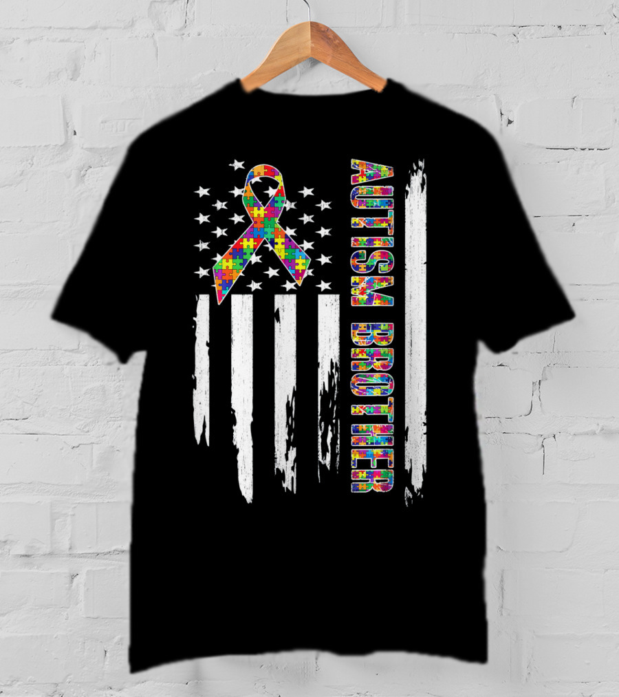 Autism Brother American Flag Puzzle Ribbon Stars Stripes T-Shirt