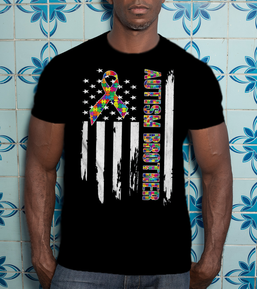 Autism Brother American Flag Puzzle Ribbon Stars Stripes T-Shirt