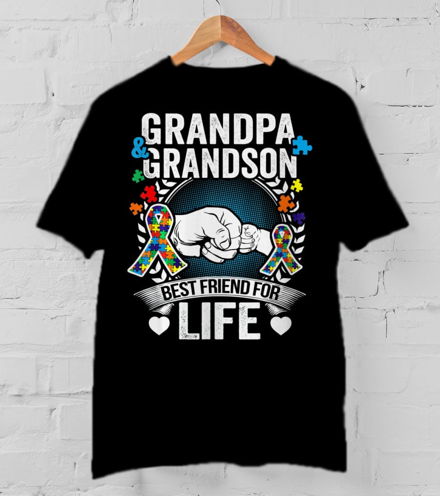 Grandpa And Grandson Best Friend For Life Autism Awareness Fist Bump Puzzle T-Shirt