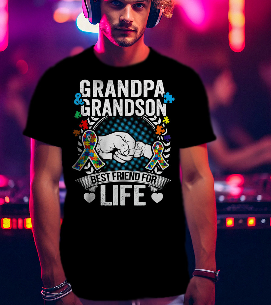 Grandpa And Grandson Best Friend For Life Autism Awareness Fist Bump Puzzle T-Shirt